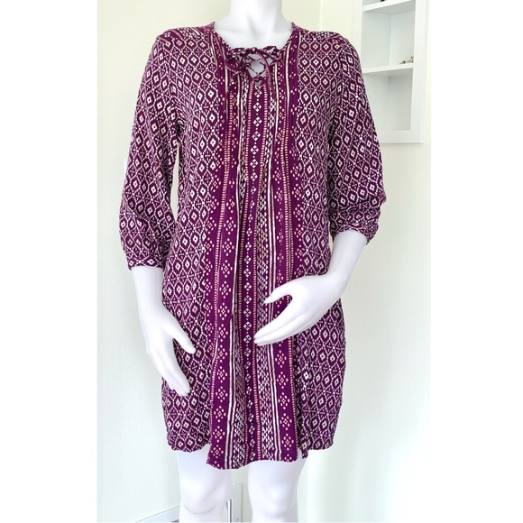 purple and white ikat geometric print flowy 3/4 sleeve tunic dress - Picture 2 of 16